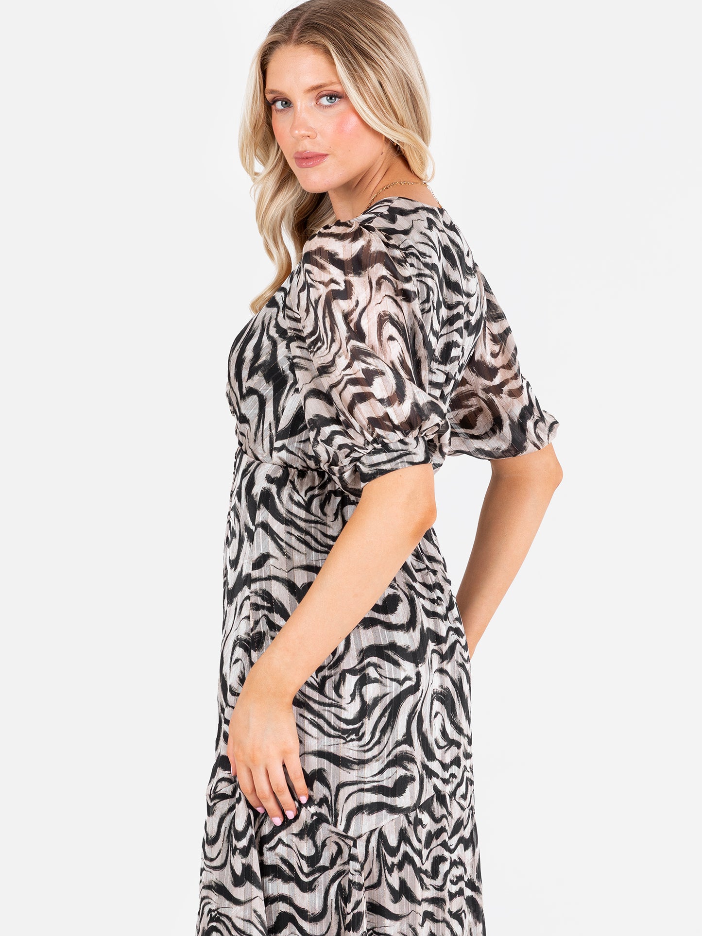 Lovedrobe Animal Print Faux Wrap Puff Sleeve Midaxi Dress
