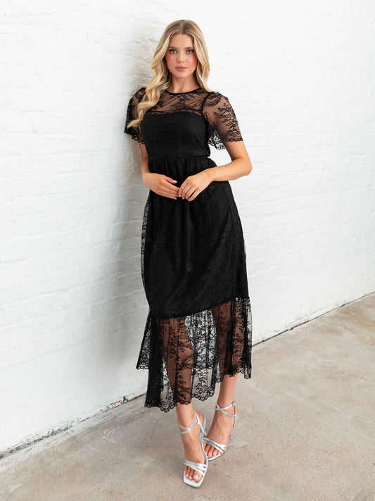 Lovedrobe Black Short Sleeve Lace Midi Dress