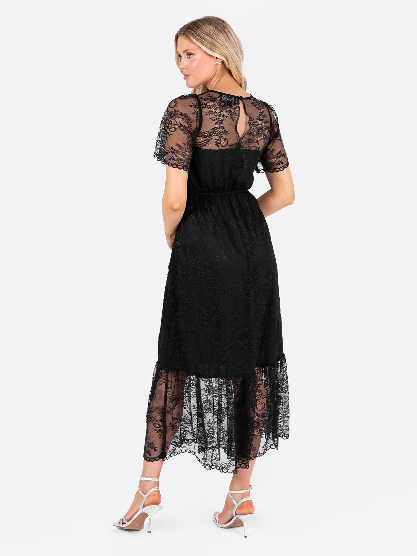 Lovedrobe Black Short Sleeve Lace Midi Dress