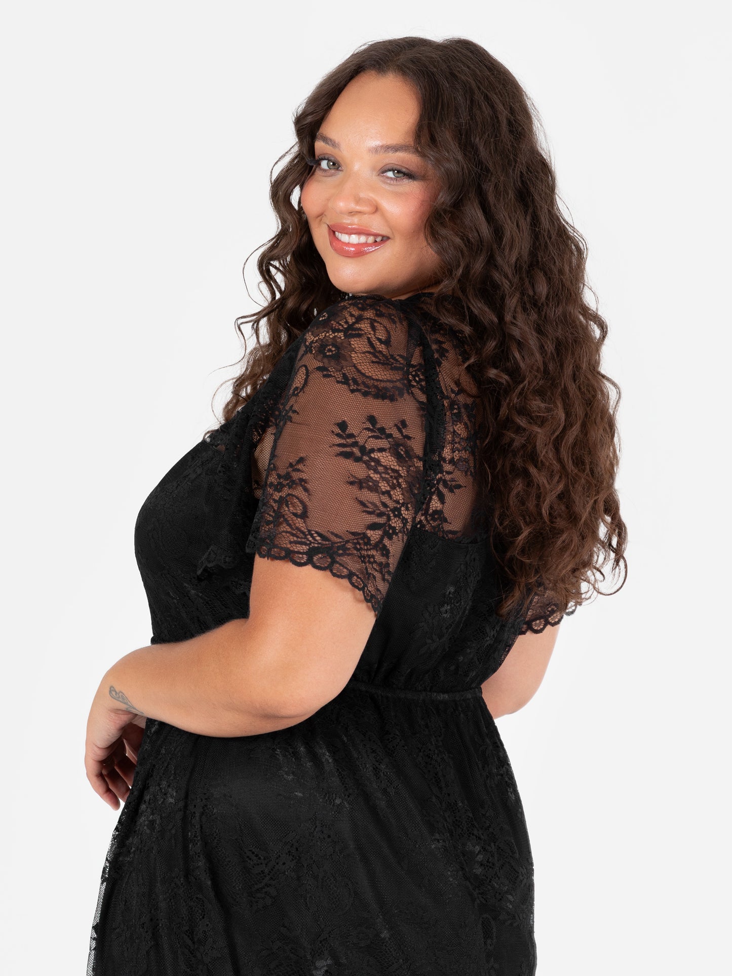 Lovedrobe Black Short Sleeve Lace Midi Dress