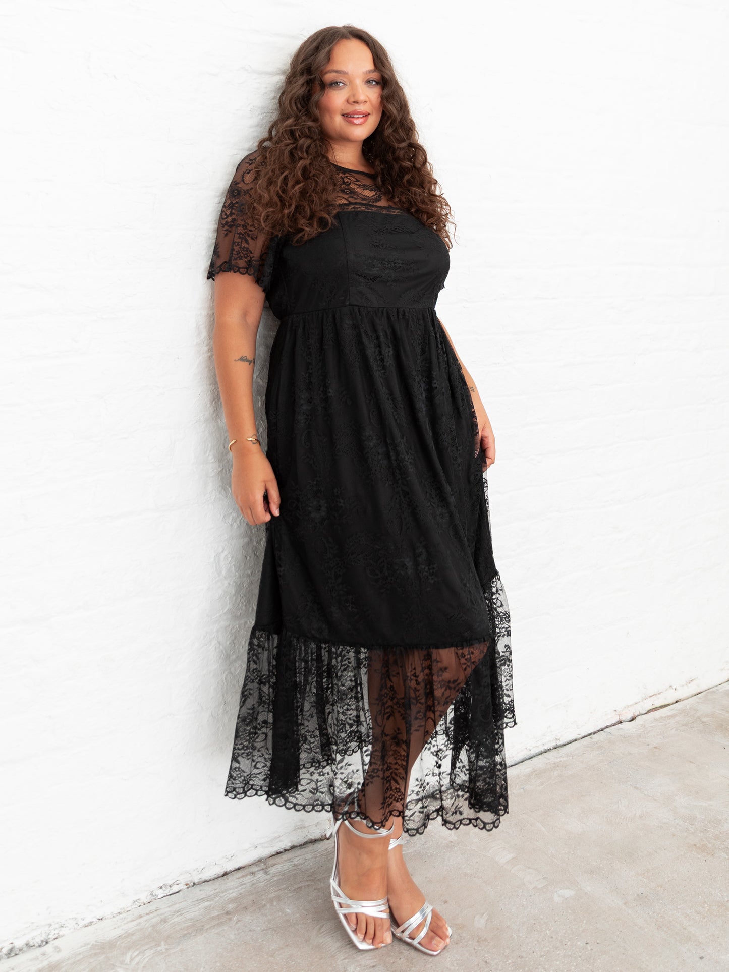 Lovedrobe Black Short Sleeve Lace Midi Dress