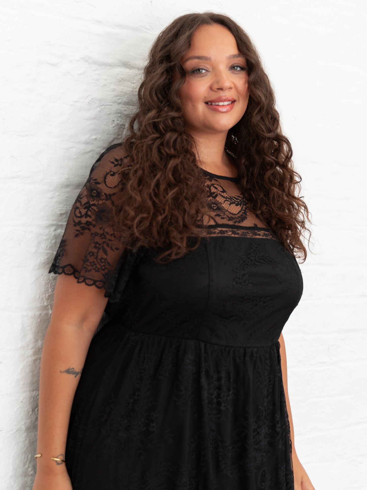 Lovedrobe Black Short Sleeve Lace Midi Dress