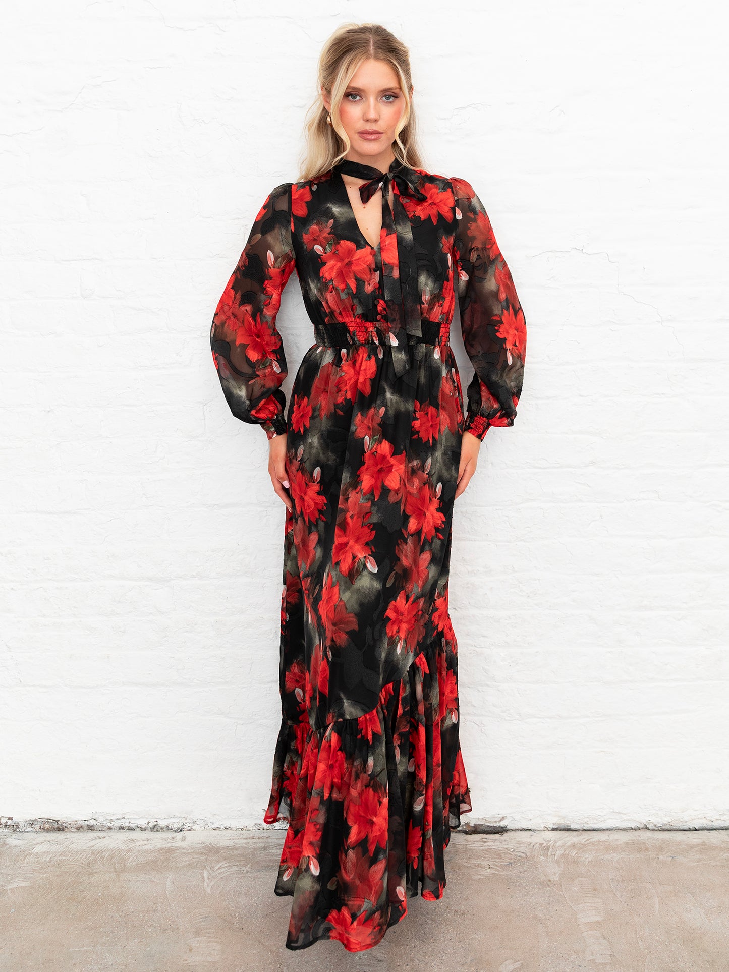 Lovedrobe Floral Tie Neck Maxi Sleeve & Shirred Waist Maxi Dress