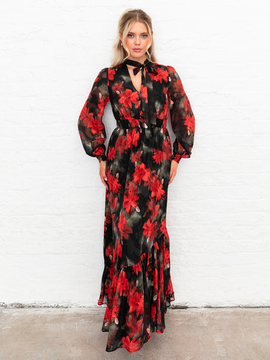 Lovedrobe Floral Tie Neck Maxi Sleeve & Shirred Waist Maxi Dress