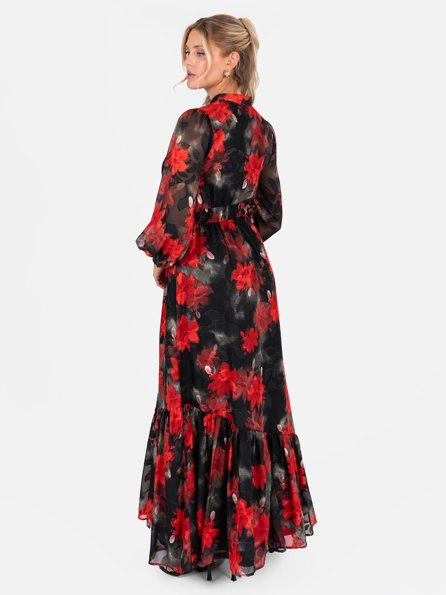 Lovedrobe Floral Tie Neck Maxi Sleeve & Shirred Waist Maxi Dress