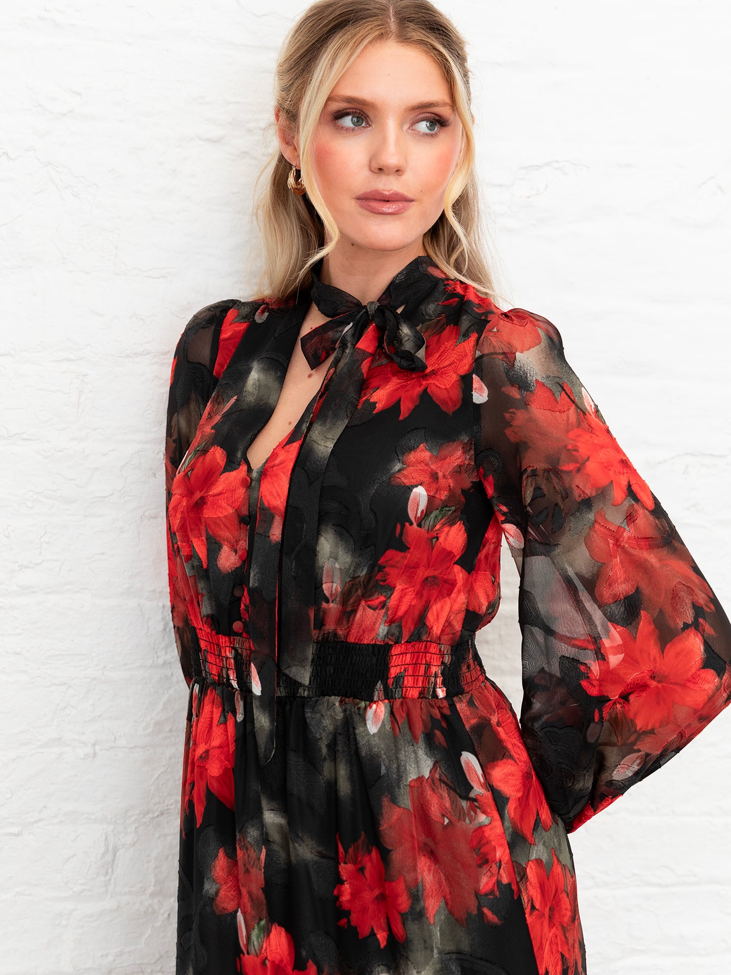 Lovedrobe Floral Tie Neck Maxi Sleeve & Shirred Waist Maxi Dress