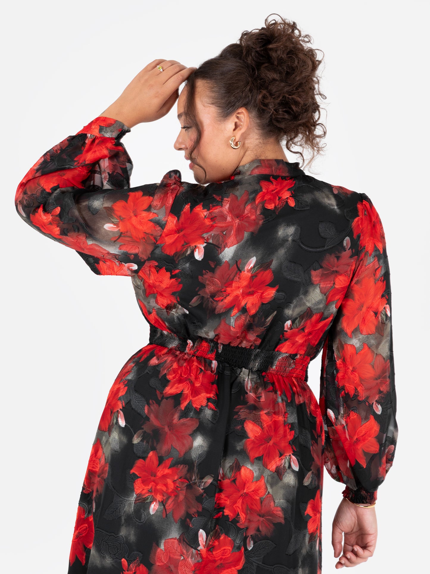 Lovedrobe Floral Tie Neck Maxi Sleeve & Shirred Waist Maxi Dress