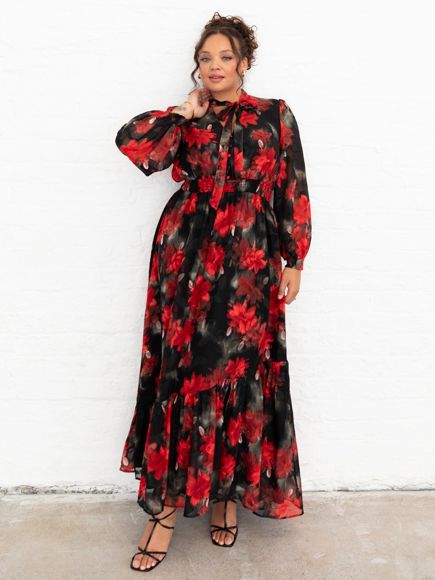 Lovedrobe Floral Tie Neck Maxi Sleeve & Shirred Waist Maxi Dress