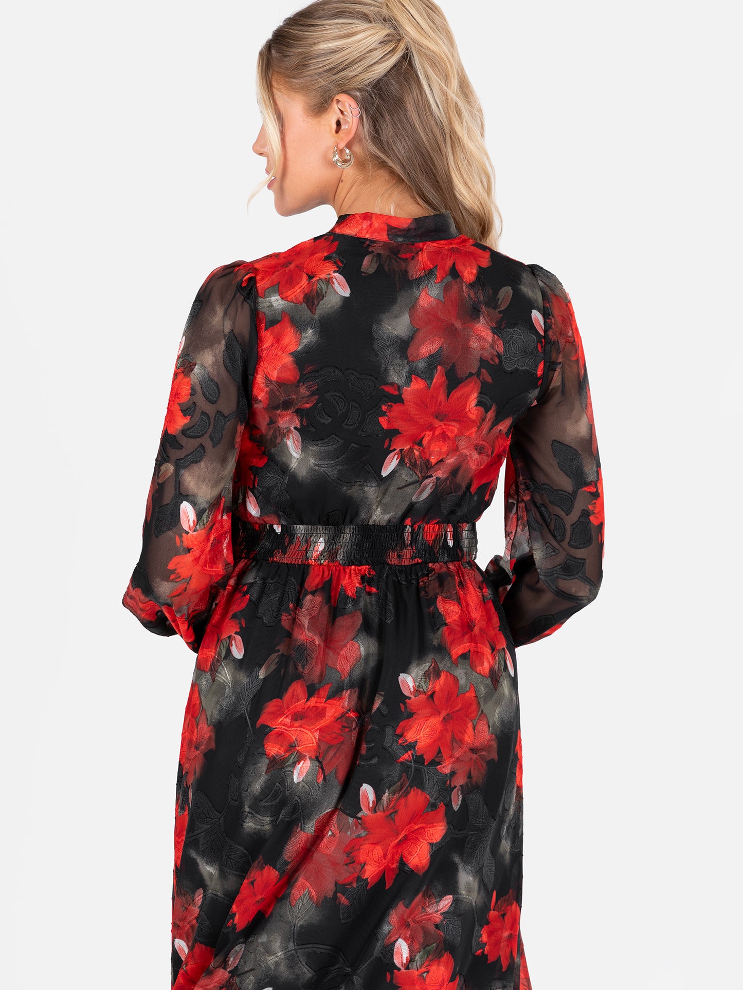 Lovedrobe Floral Tie Neck Maxi Sleeve & Shirred Waist Maxi Dress