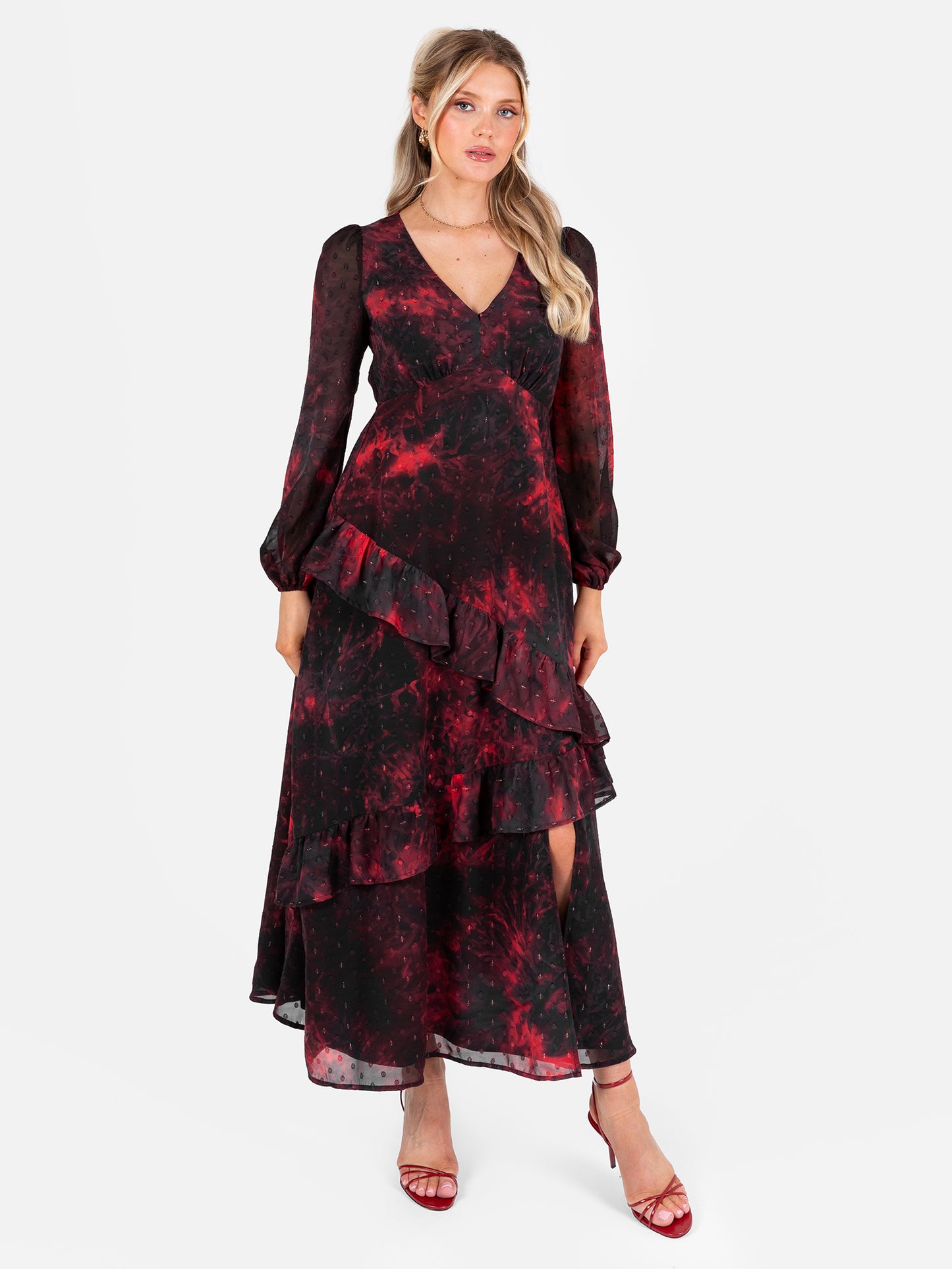 Lovedrobe Abstract V Neck Blouson Sleeve Ruffle Midaxi Dress