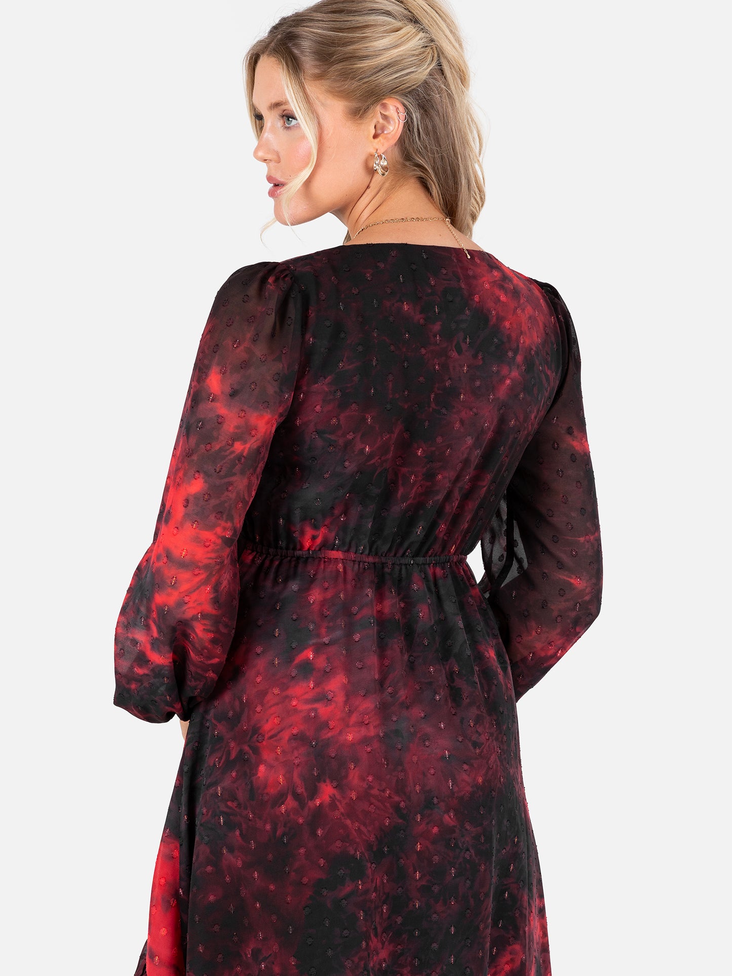 Lovedrobe Abstract V Neck Blouson Sleeve Ruffle Midaxi Dress