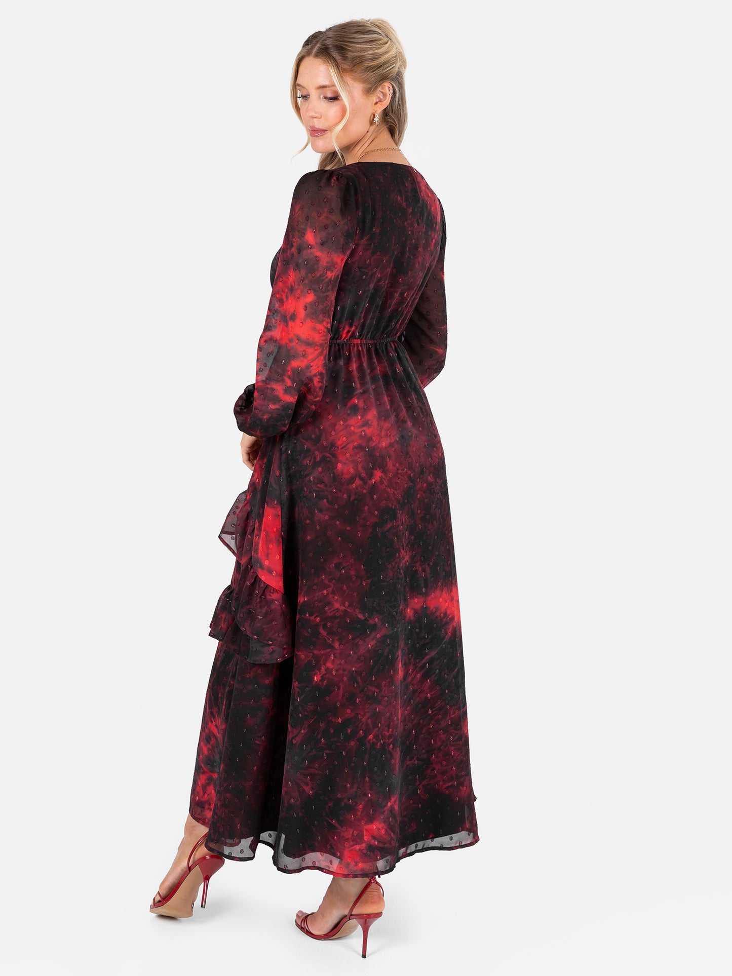Lovedrobe Abstract V Neck Blouson Sleeve Ruffle Midaxi Dress