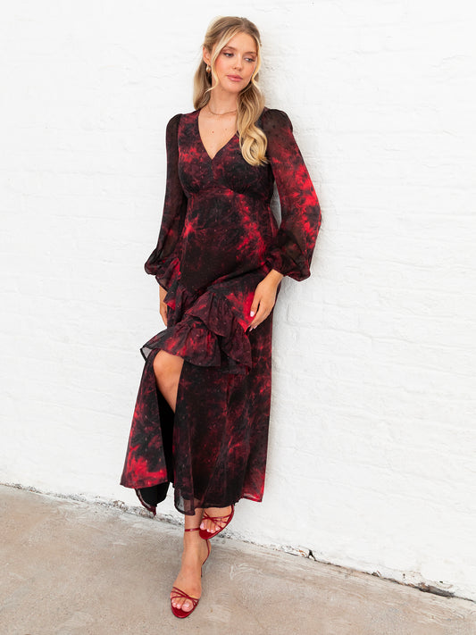 Lovedrobe Abstract V Neck Blouson Sleeve Ruffle Midaxi Dress