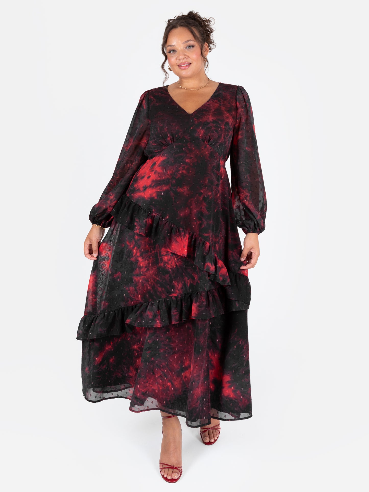 Lovedrobe Abstract V Neck Blouson Sleeve Ruffle Midaxi Dress