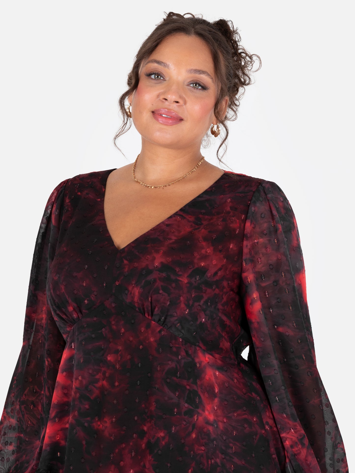 Lovedrobe Abstract V Neck Blouson Sleeve Ruffle Midaxi Dress