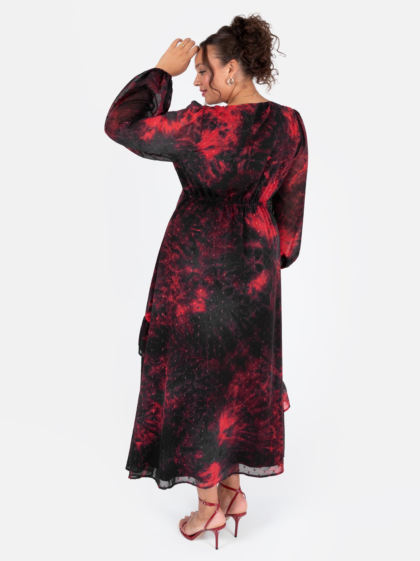 Lovedrobe Abstract V Neck Blouson Sleeve Ruffle Midaxi Dress