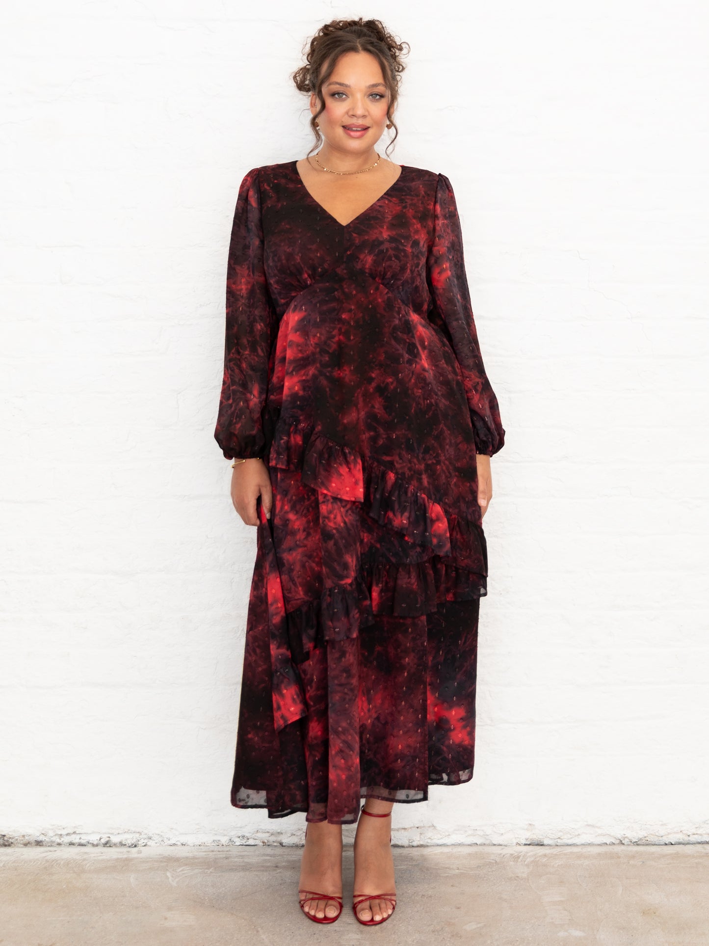 Lovedrobe Abstract V Neck Blouson Sleeve Ruffle Midaxi Dress