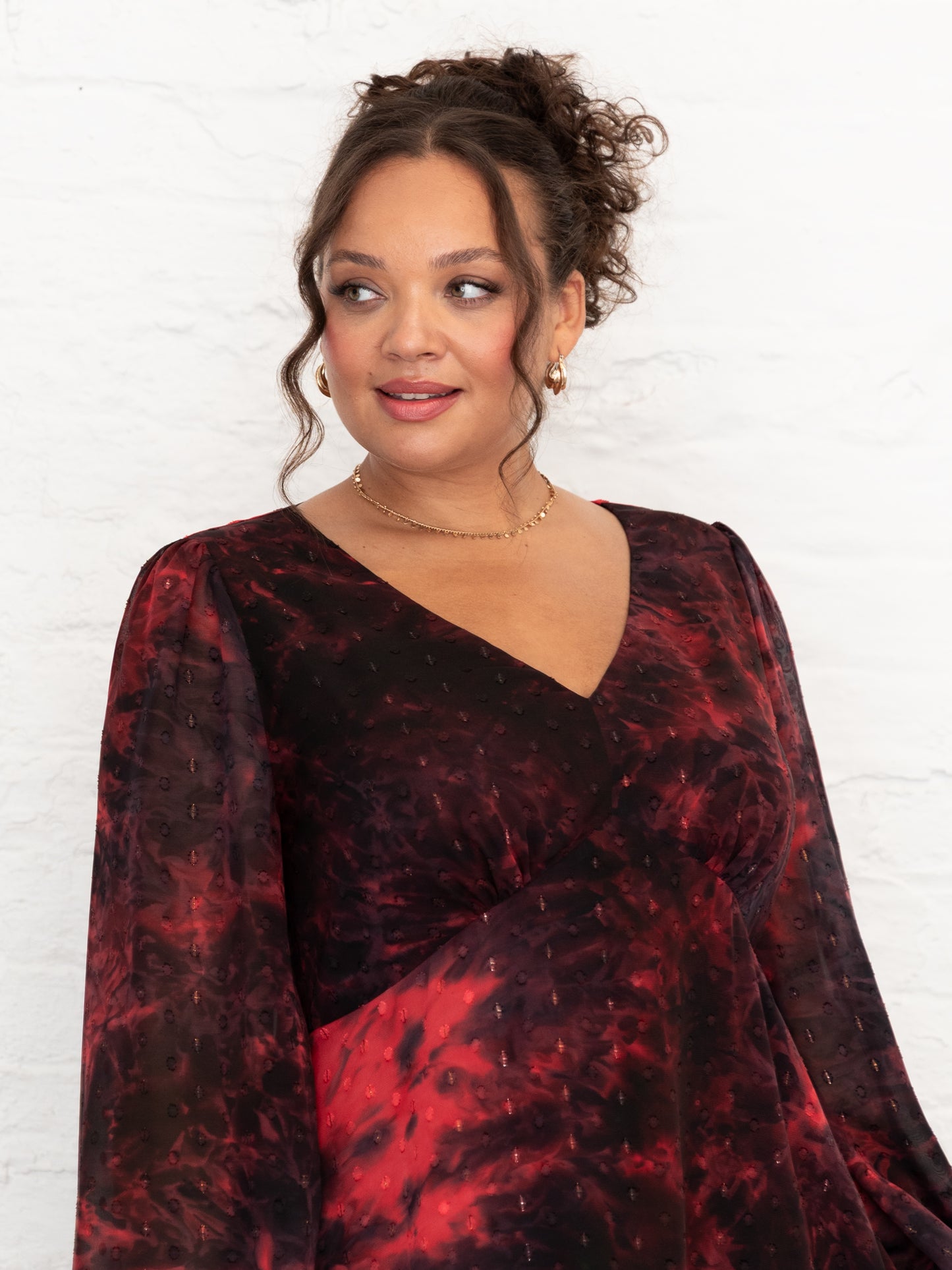 Lovedrobe Abstract V Neck Blouson Sleeve Ruffle Midaxi Dress