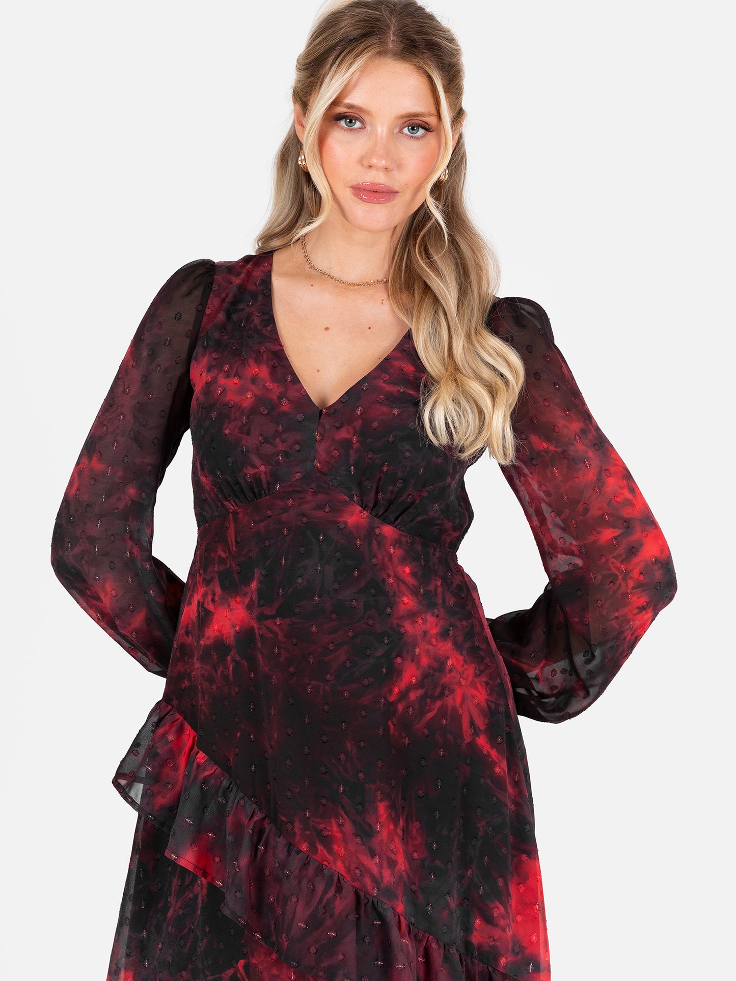 Lovedrobe Abstract V Neck Blouson Sleeve Ruffle Midaxi Dress
