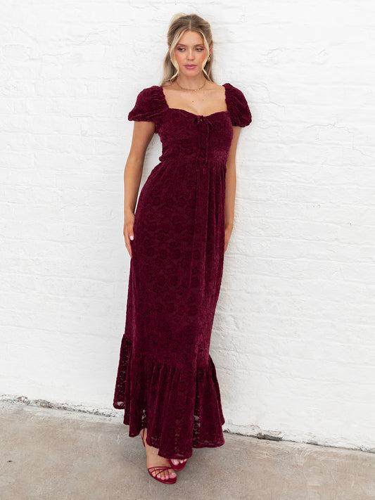 Lovedrobe Burgundy Floral Velvet Lace Square Neck Midaxi Dress
