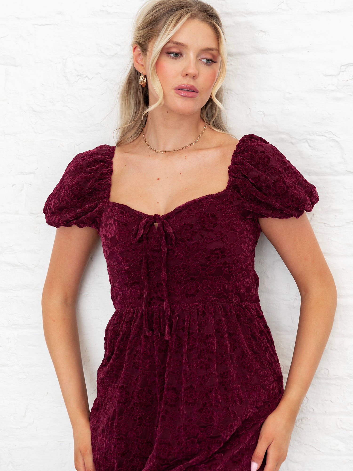 Lovedrobe Burgundy Floral Velvet Lace Square Neck Midaxi Dress Lovedrobe Burgundy Floral Velvet Lace Square Neck Midaxi Dress
