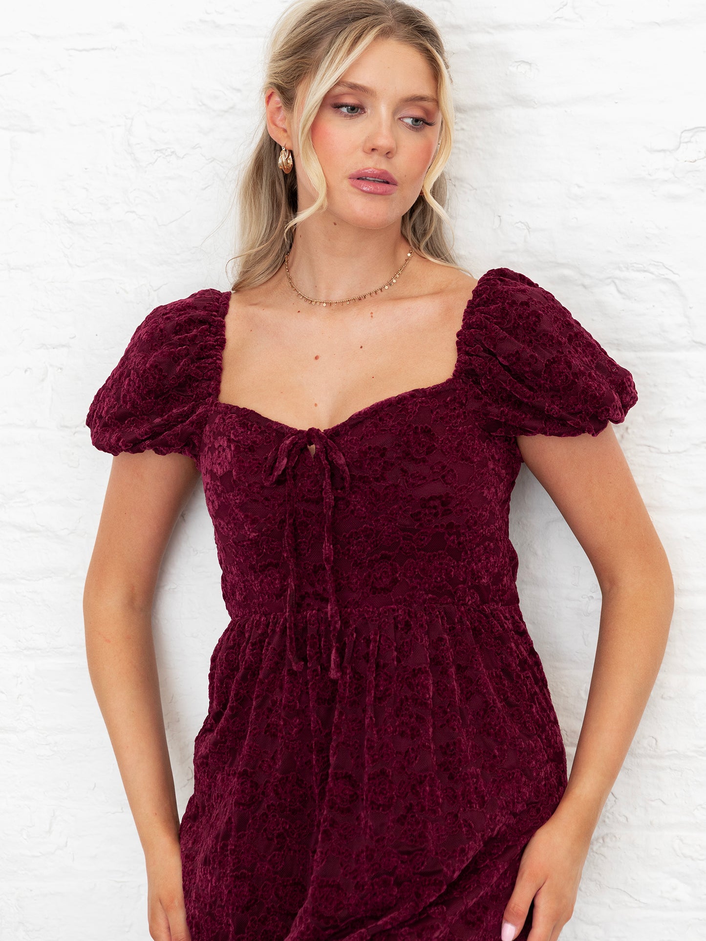 Lovedrobe Burgundy Floral Velvet Lace Square Neck Midaxi Dress