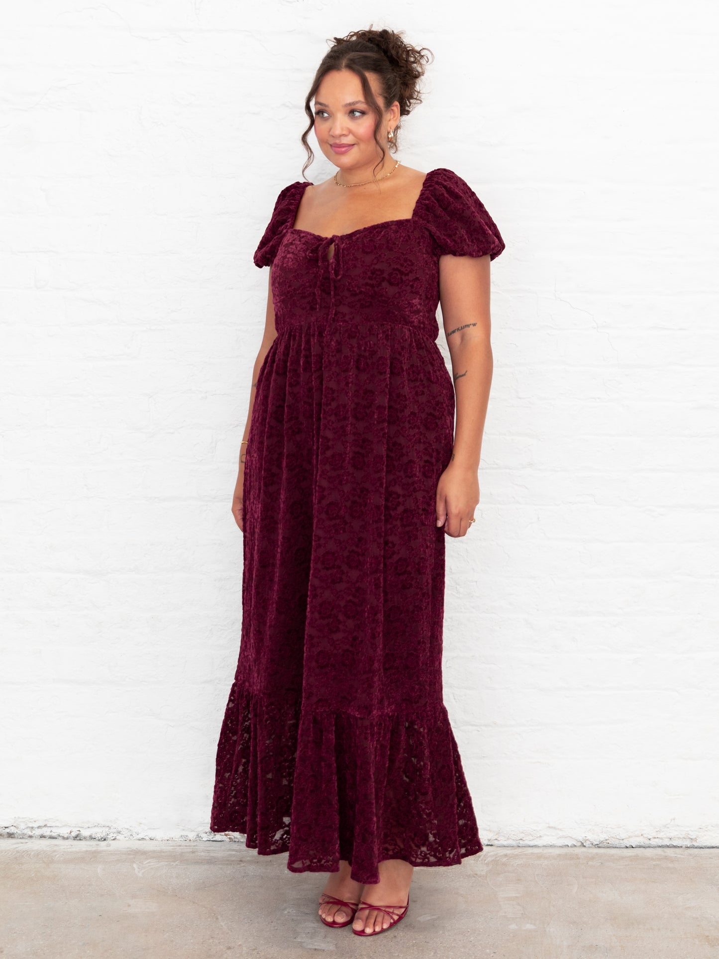 Lovedrobe Burgundy Floral Velvet Lace Square Neck Midaxi Dress