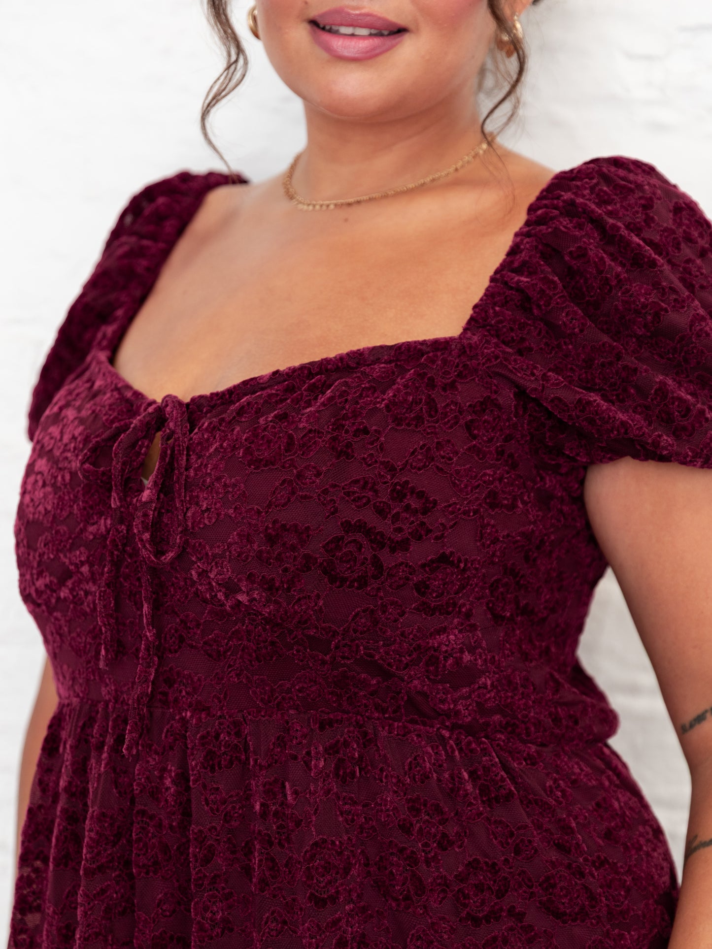 Lovedrobe Burgundy Floral Velvet Lace Square Neck Midaxi Dress