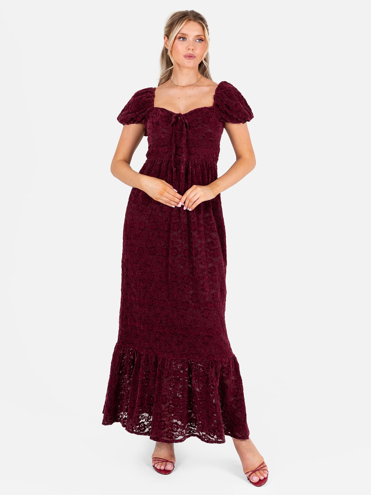 Lovedrobe Burgundy Floral Velvet Lace Square Neck Midaxi Dress