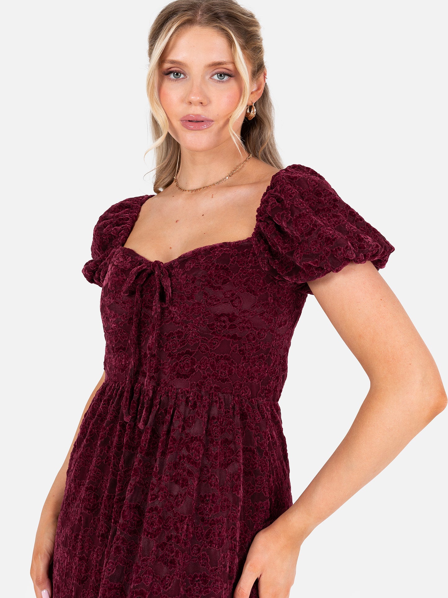 Lovedrobe Burgundy Floral Velvet Lace Square Neck Midaxi Dress