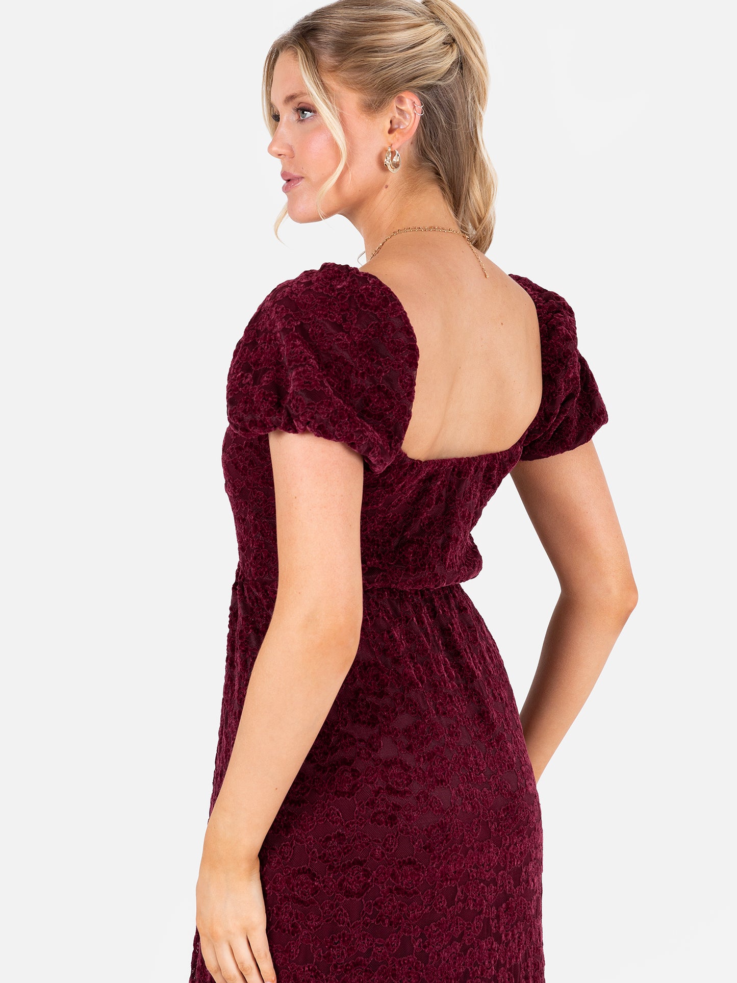 Lovedrobe Burgundy Floral Velvet Lace Square Neck Midaxi Dress