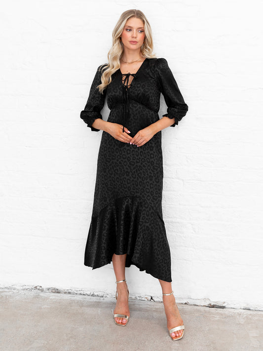Lovedrobe Black Animal Jacquard Tie Neck High-Low Hem Dress