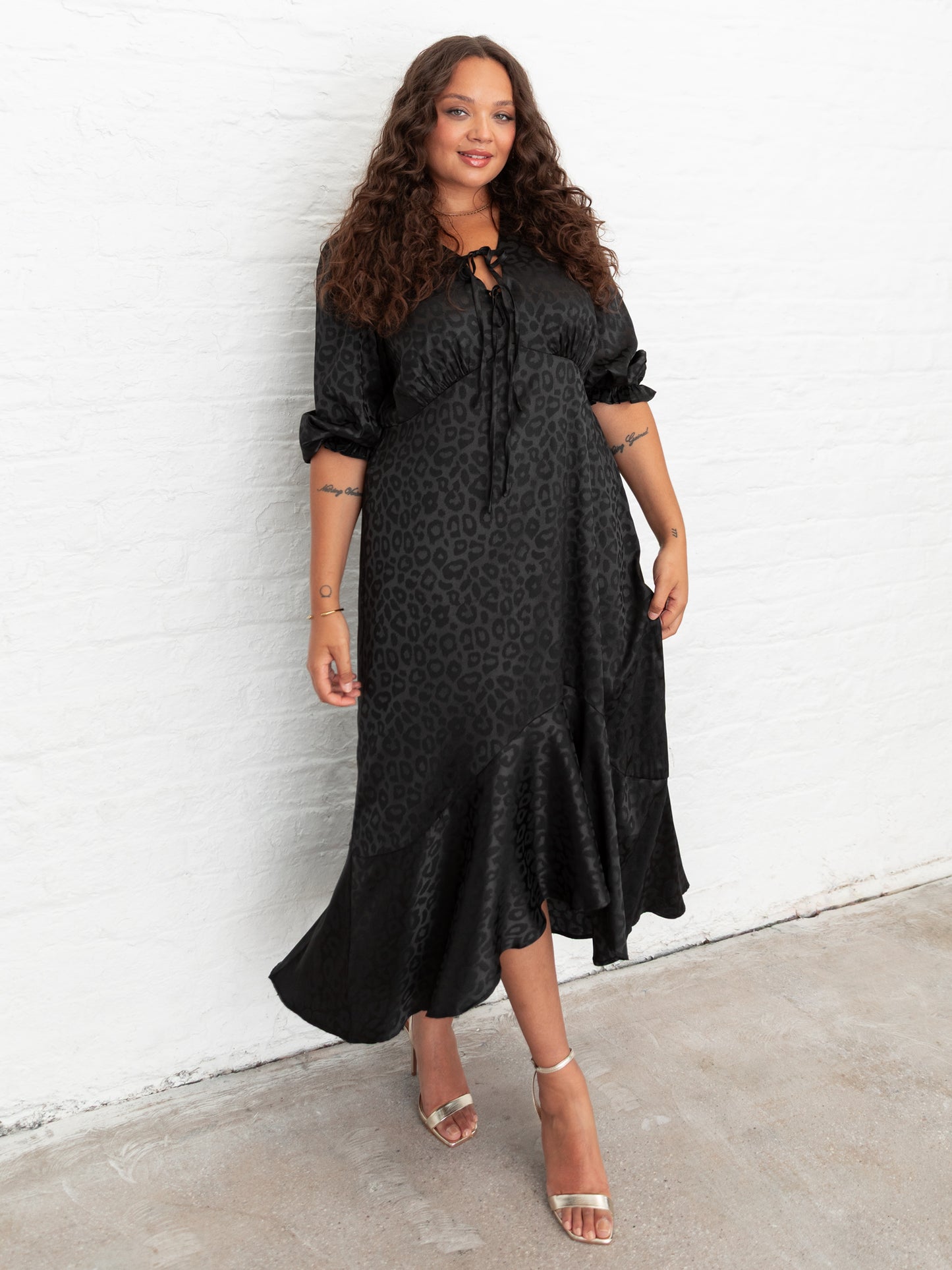 Lovedrobe Black Animal Jacquard Tie Neck High-Low Hem Dress
