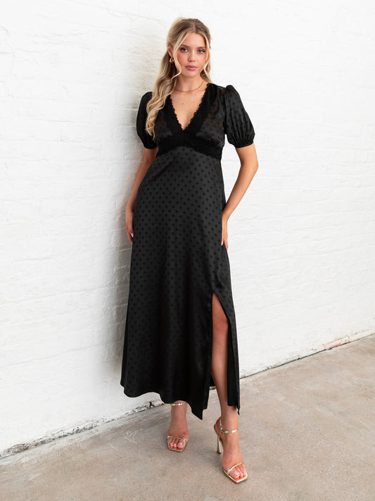 Lovedrobe Black Polka Dot V Neck Midaxi Dress with Lace Trim