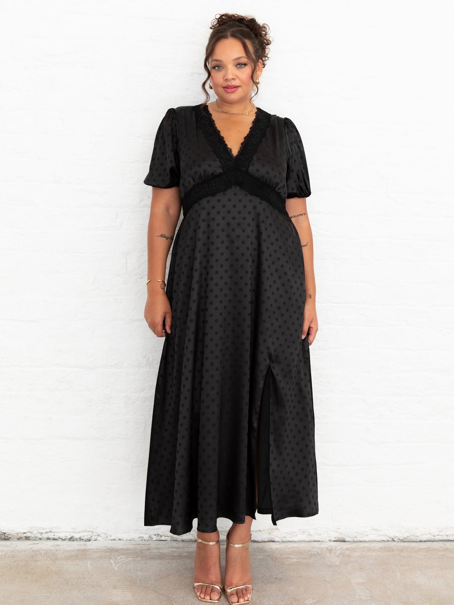 Lovedrobe Black Polka Dot V Neck Midaxi Dress with Lace Trim
