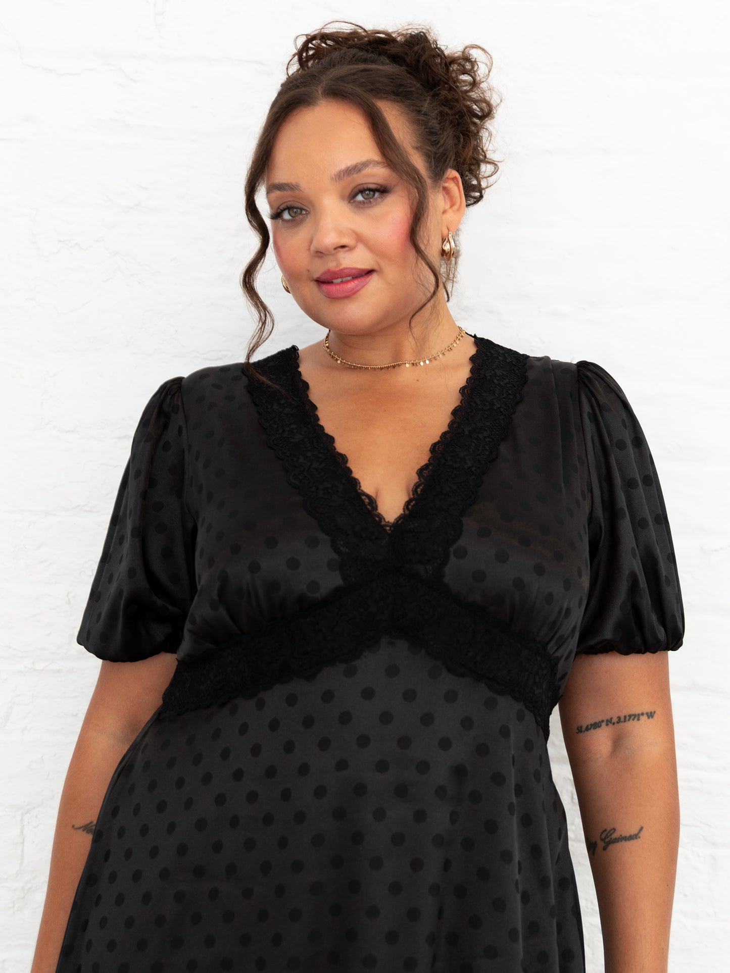 Lovedrobe Black Polka Dot V Neck Midaxi Dress with Lace Trim