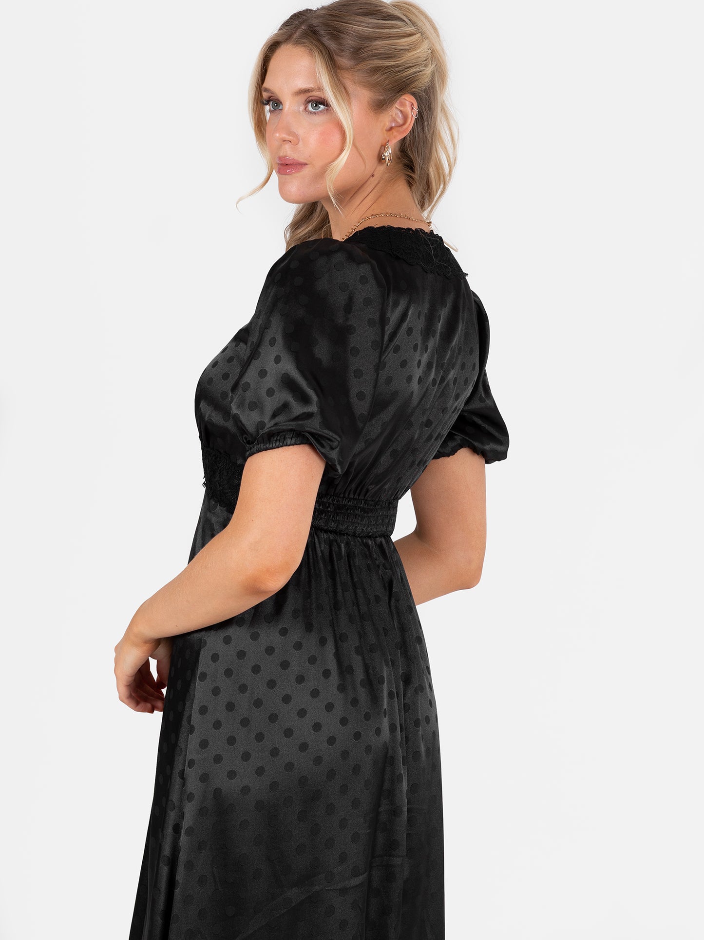 Lovedrobe Black Polka Dot V Neck Midaxi Dress with Lace Trim