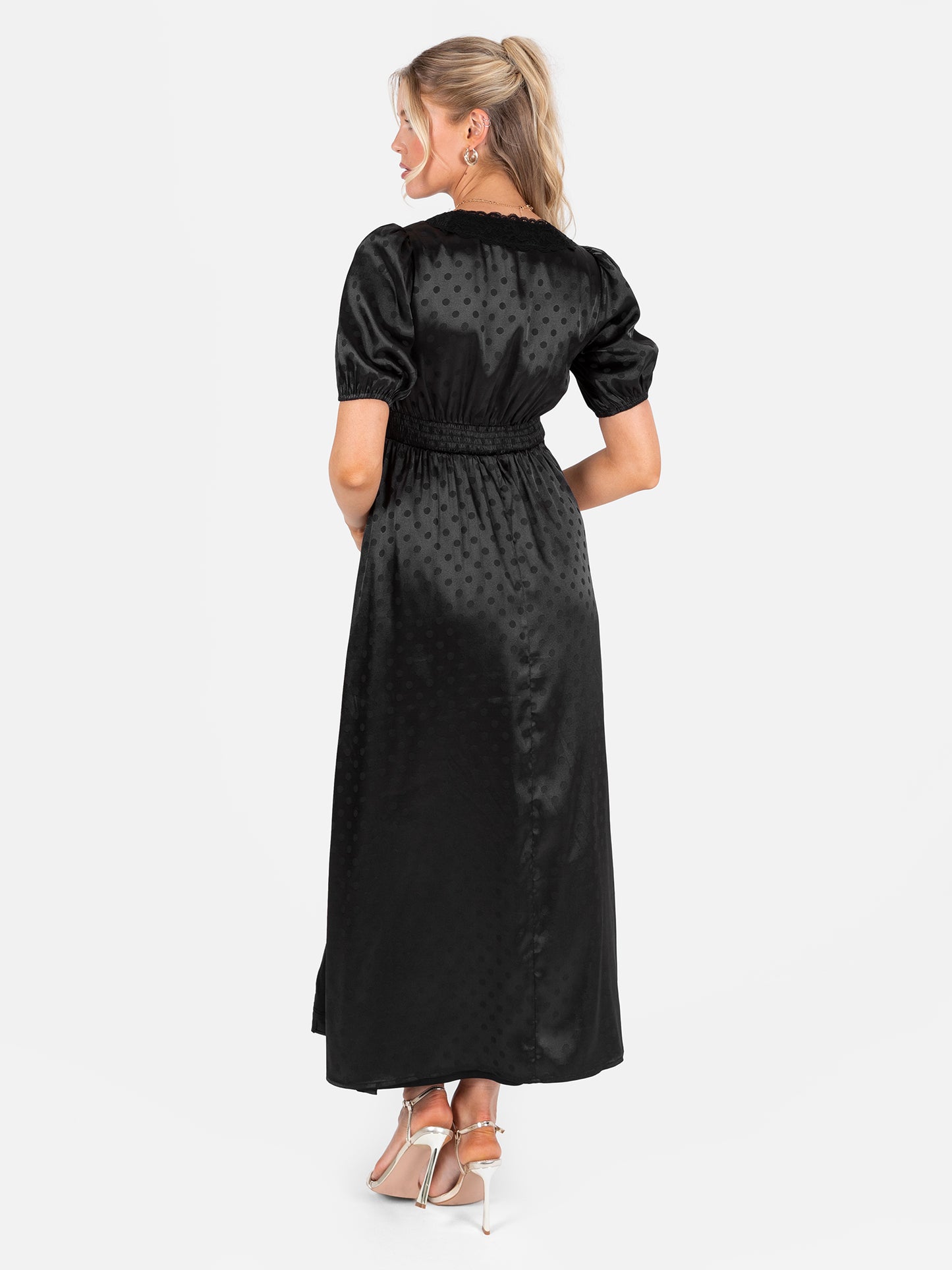 Lovedrobe Black Polka Dot V Neck Midaxi Dress with Lace Trim