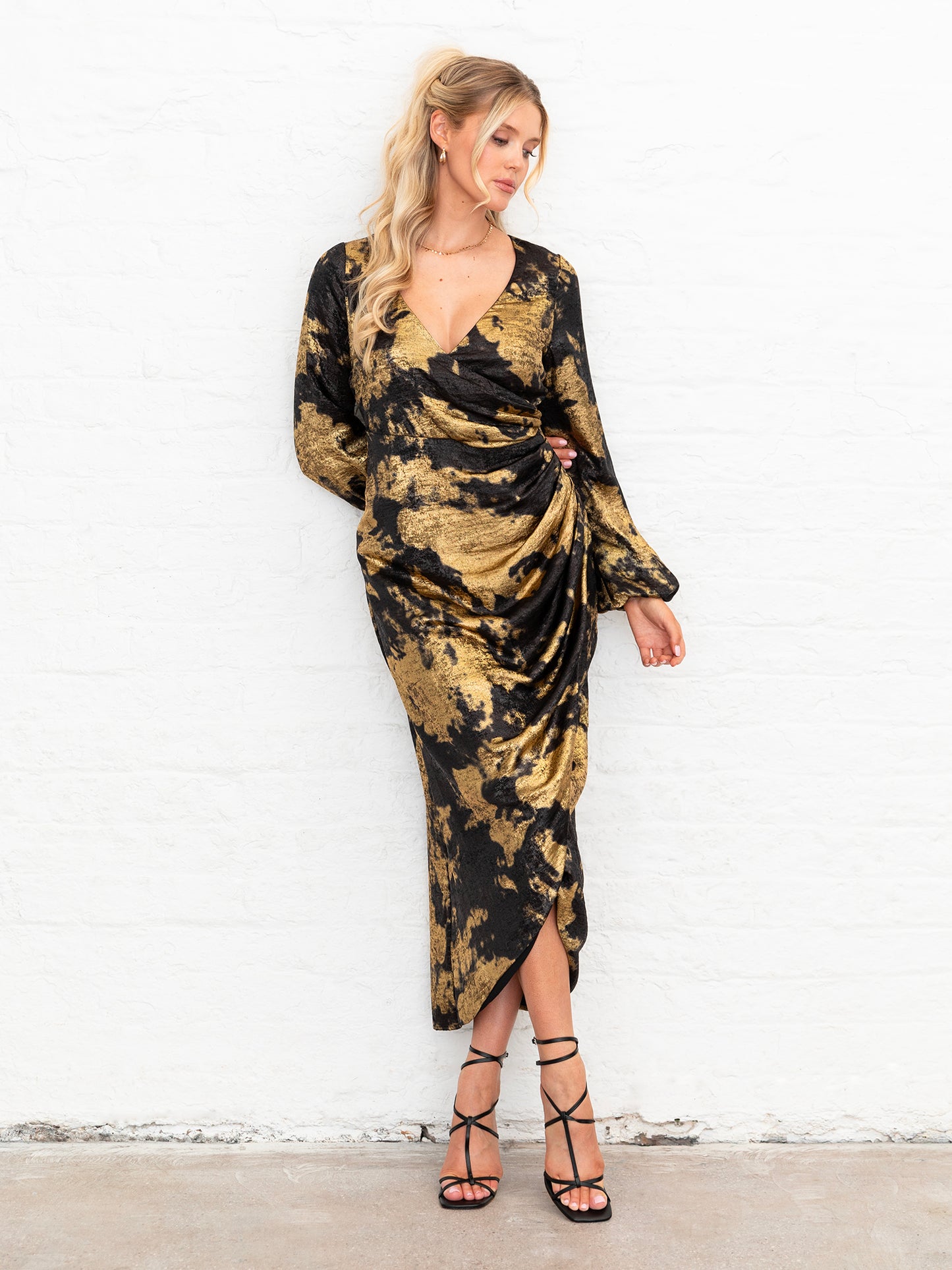 Lovedrobe Black and Gold Maxi Sleeve Faux Wrap Gathered Midaxi Dress