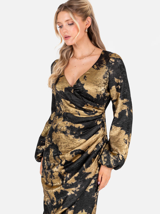 Lovedrobe Black and Gold Maxi Sleeve Faux Wrap Gathered Midaxi Dress