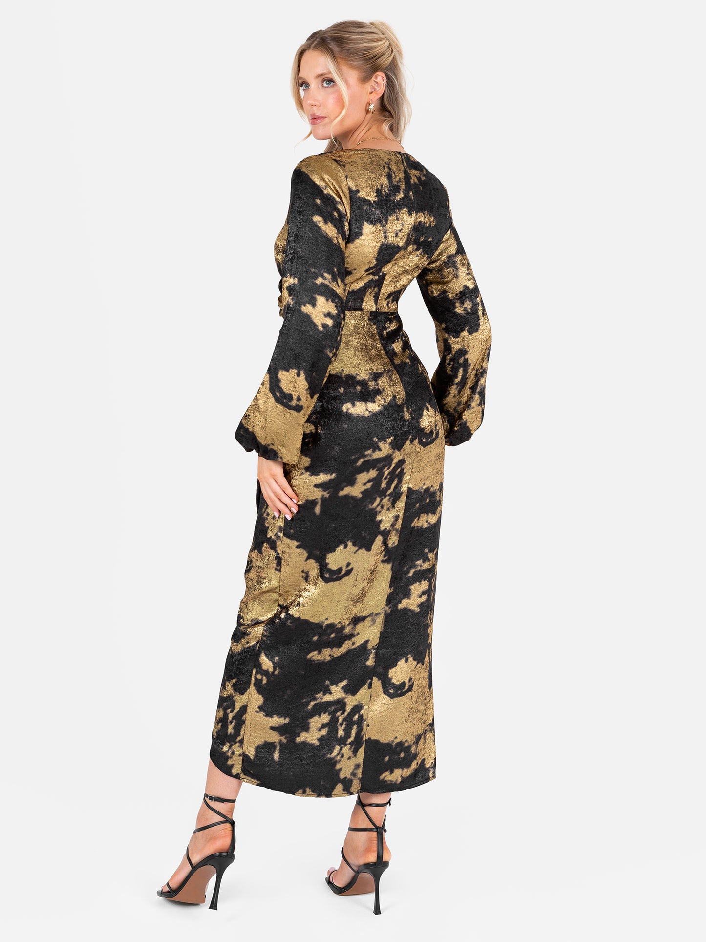 Lovedrobe Black and Gold Maxi Sleeve Faux Wrap Gathered Midaxi Dress