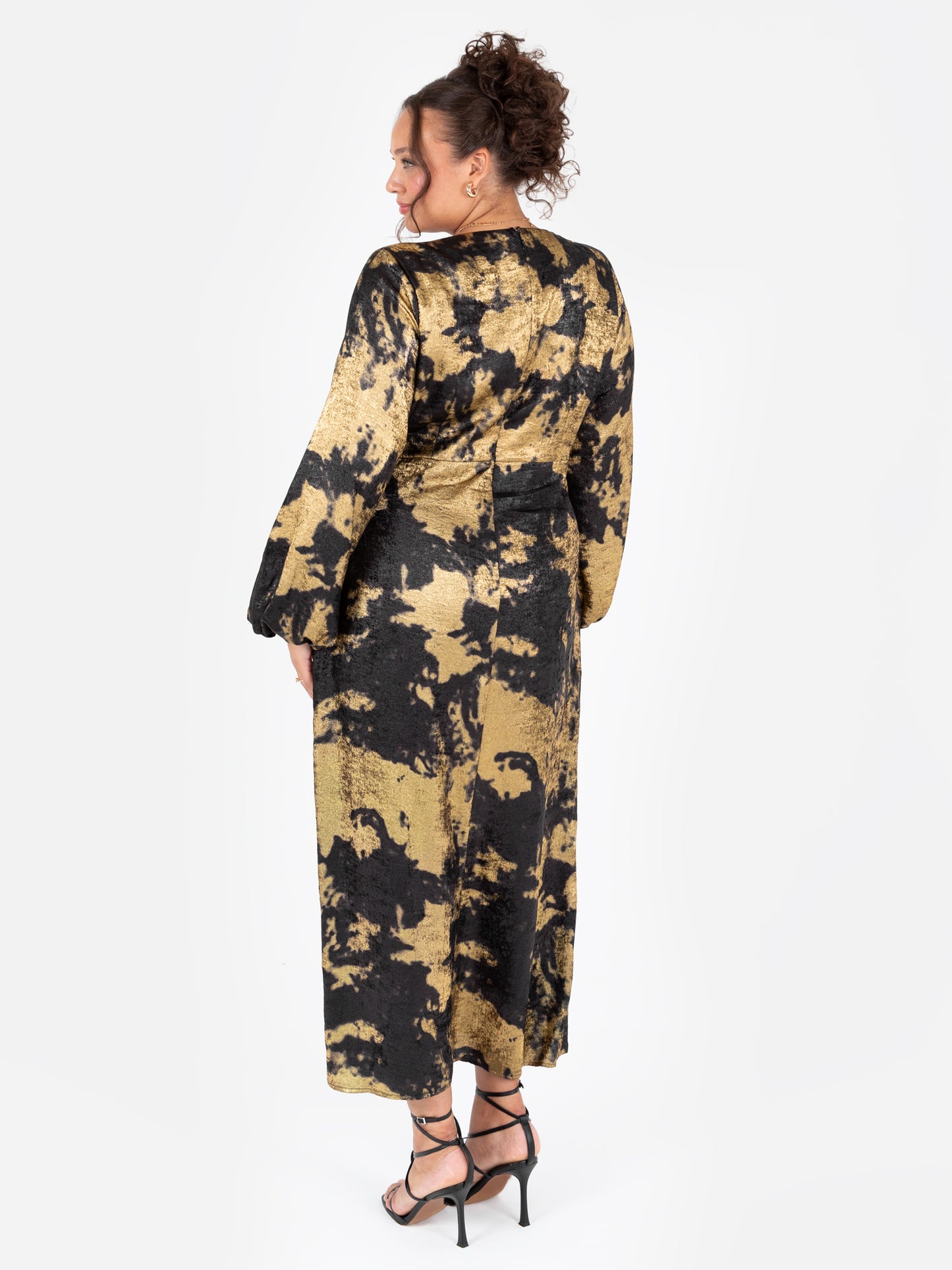 Lovedrobe Black and Gold Maxi Sleeve Faux Wrap Gathered Midaxi Dress