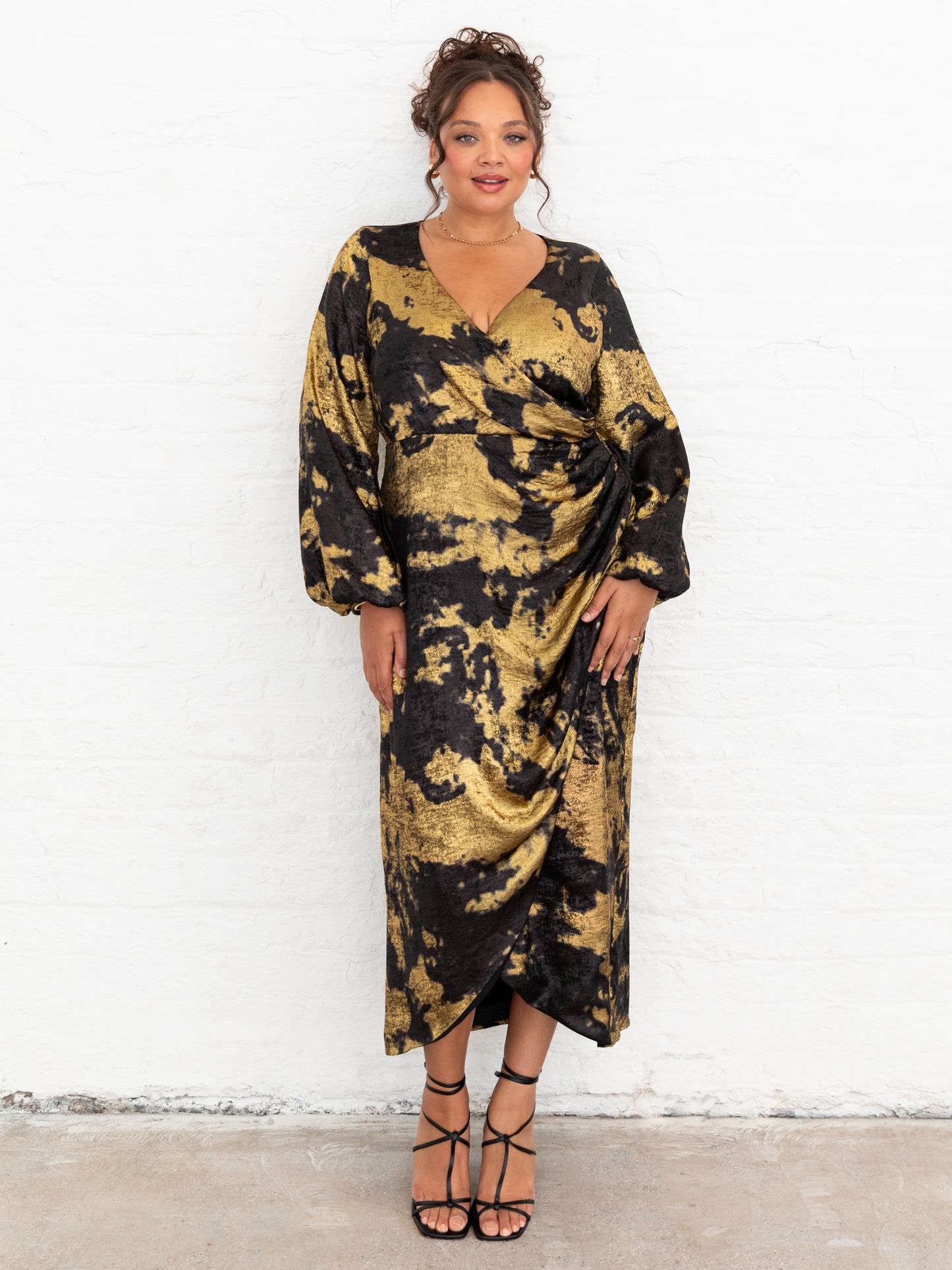Lovedrobe Black and Gold Maxi Sleeve Faux Wrap Gathered Midaxi Dress