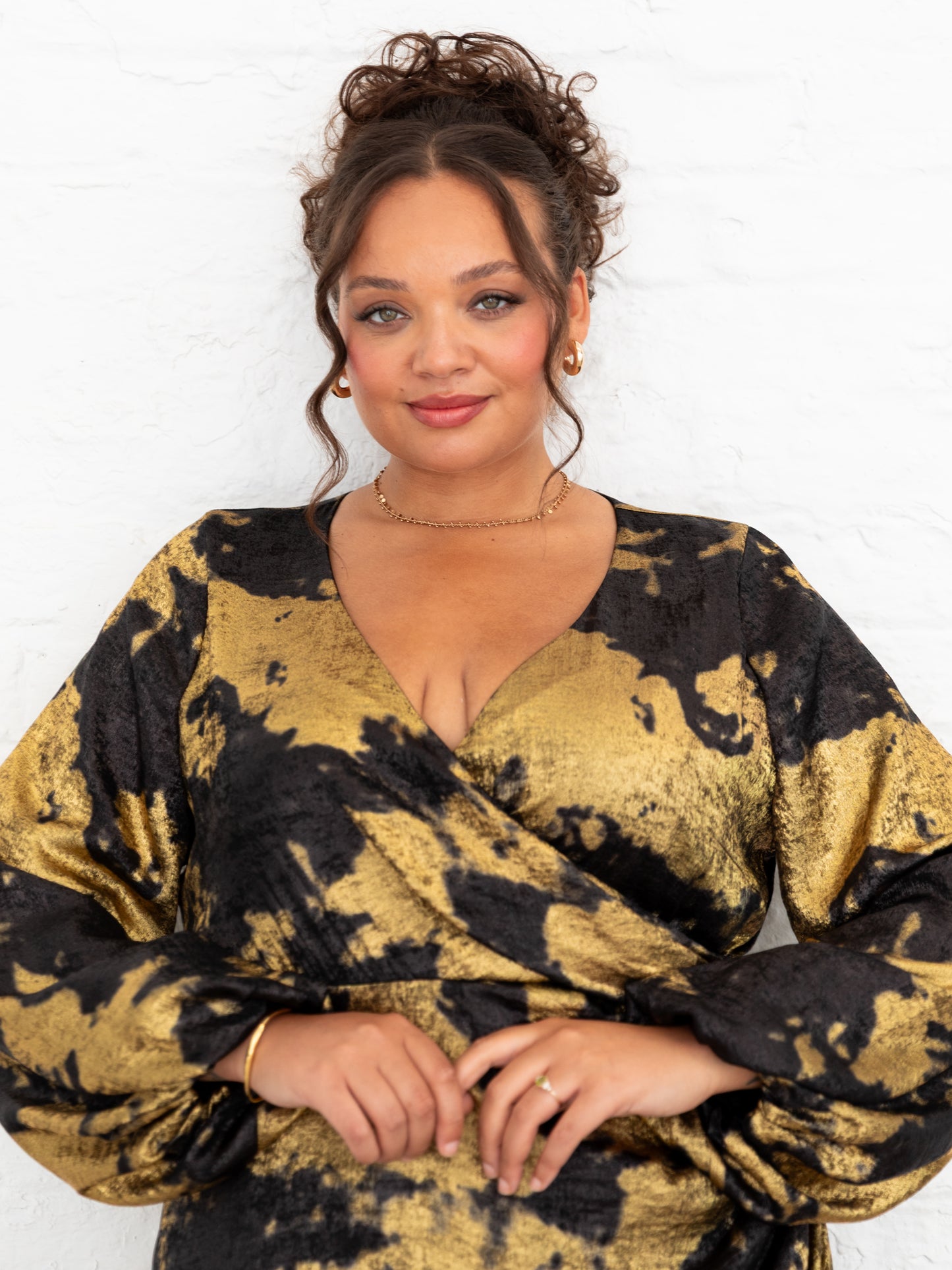 Lovedrobe Black and Gold Maxi Sleeve Faux Wrap Gathered Midaxi Dress