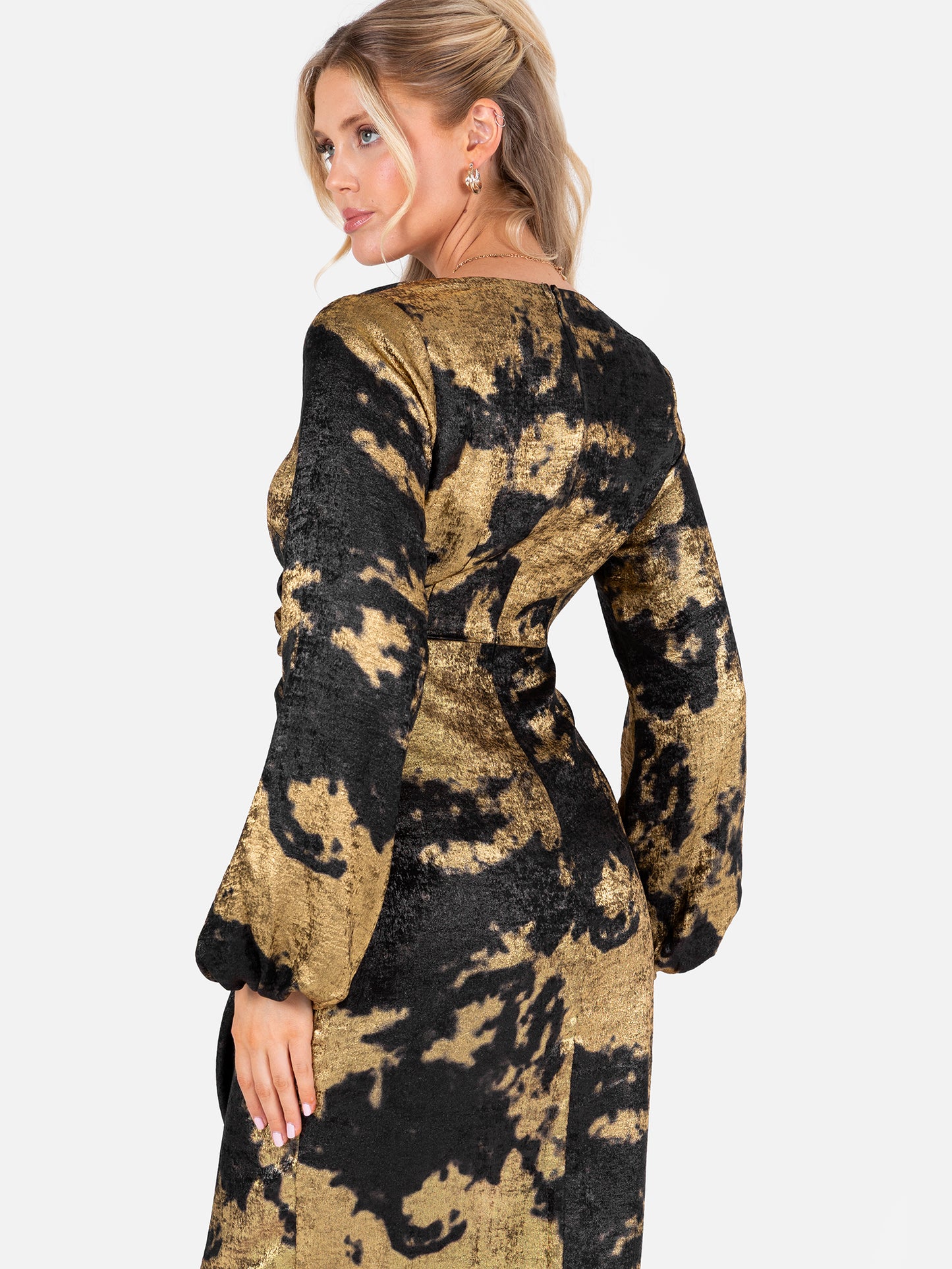 Lovedrobe Black and Gold Maxi Sleeve Faux Wrap Gathered Midaxi Dress