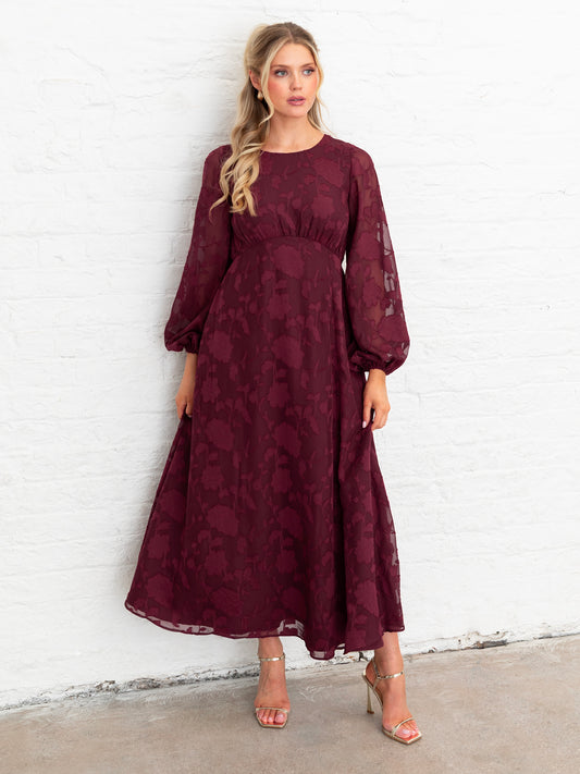 Lovedrobe Red Floral Burnout Maxi Sleeve Keyhole Back Midaxi Dress