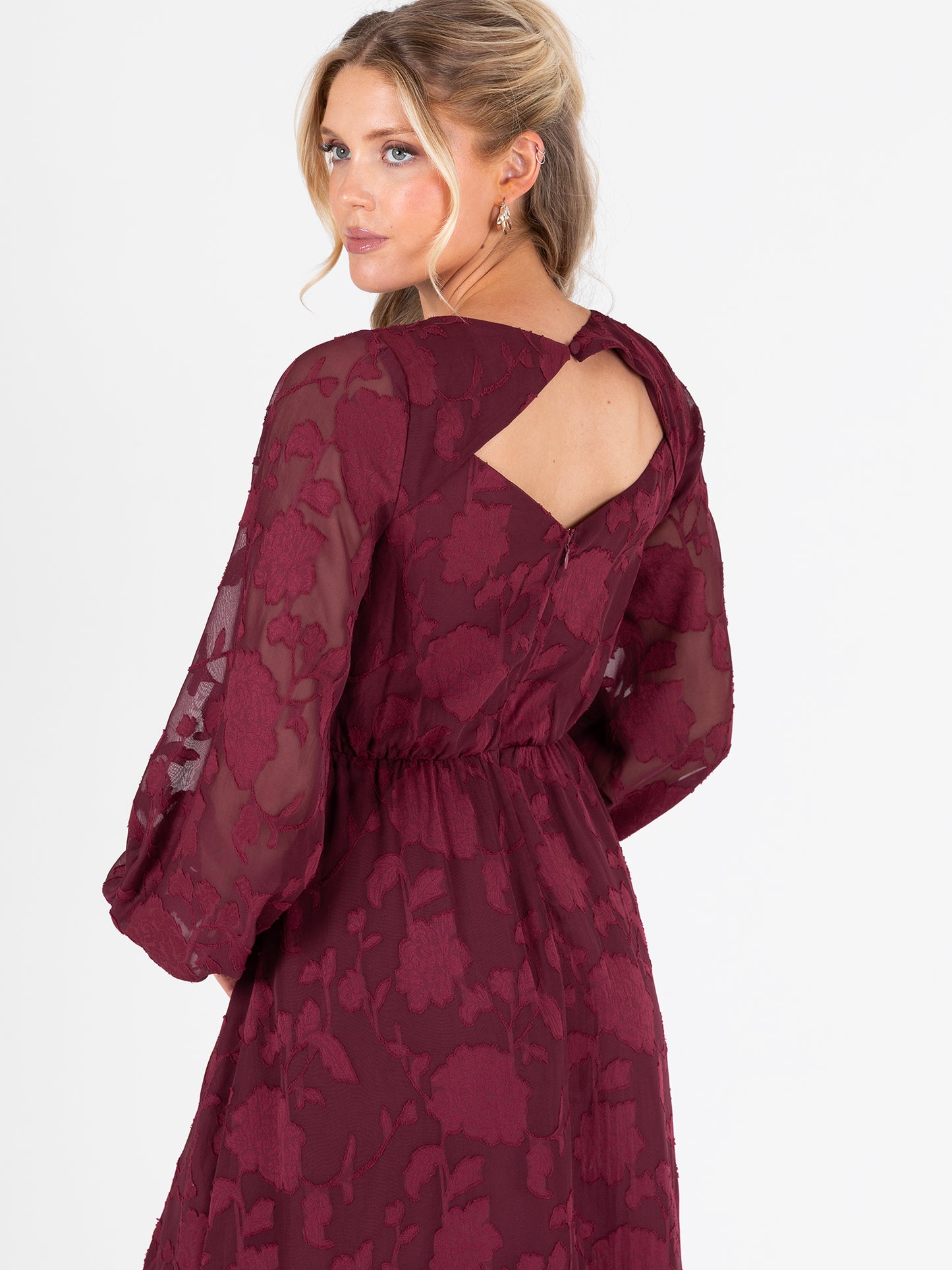 Lovedrobe Red Floral Burnout Maxi Sleeve Keyhole Back Midaxi Dress