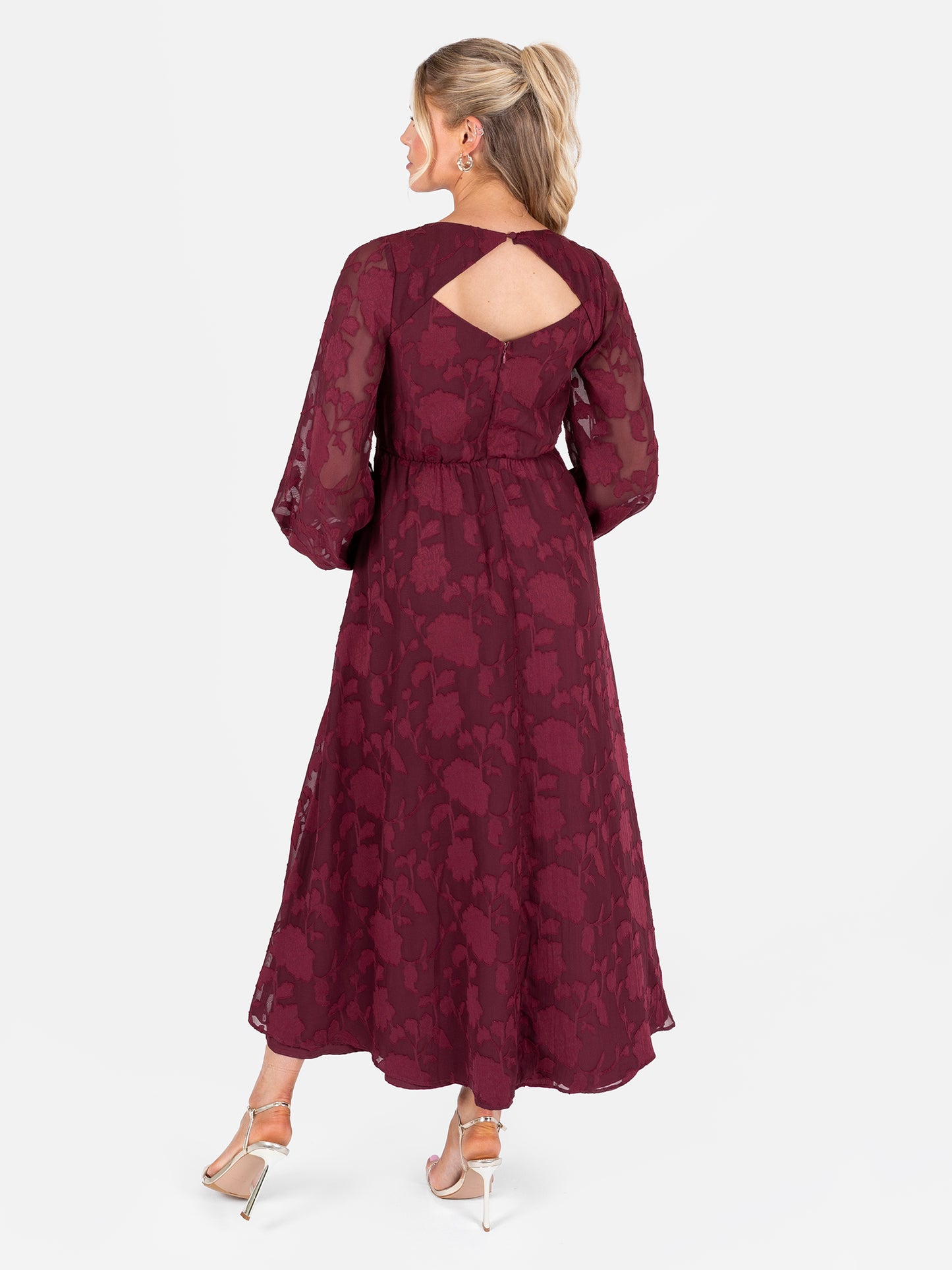 Lovedrobe Red Floral Burnout Maxi Sleeve Keyhole Back Midaxi Dress