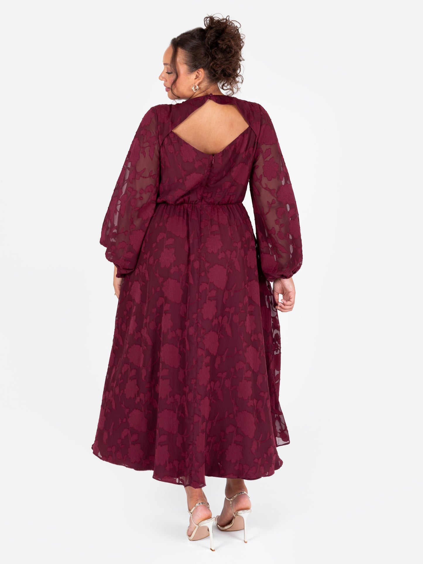 Lovedrobe Red Floral Burnout Maxi Sleeve Keyhole Back Midaxi Dress