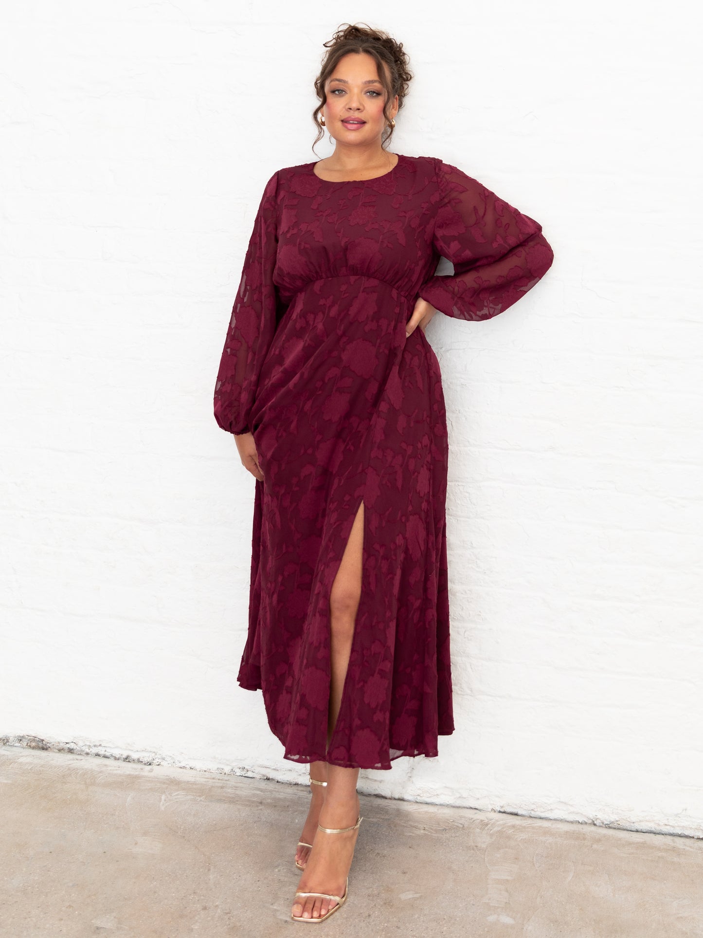 Lovedrobe Red Floral Burnout Maxi Sleeve Keyhole Back Midaxi Dress